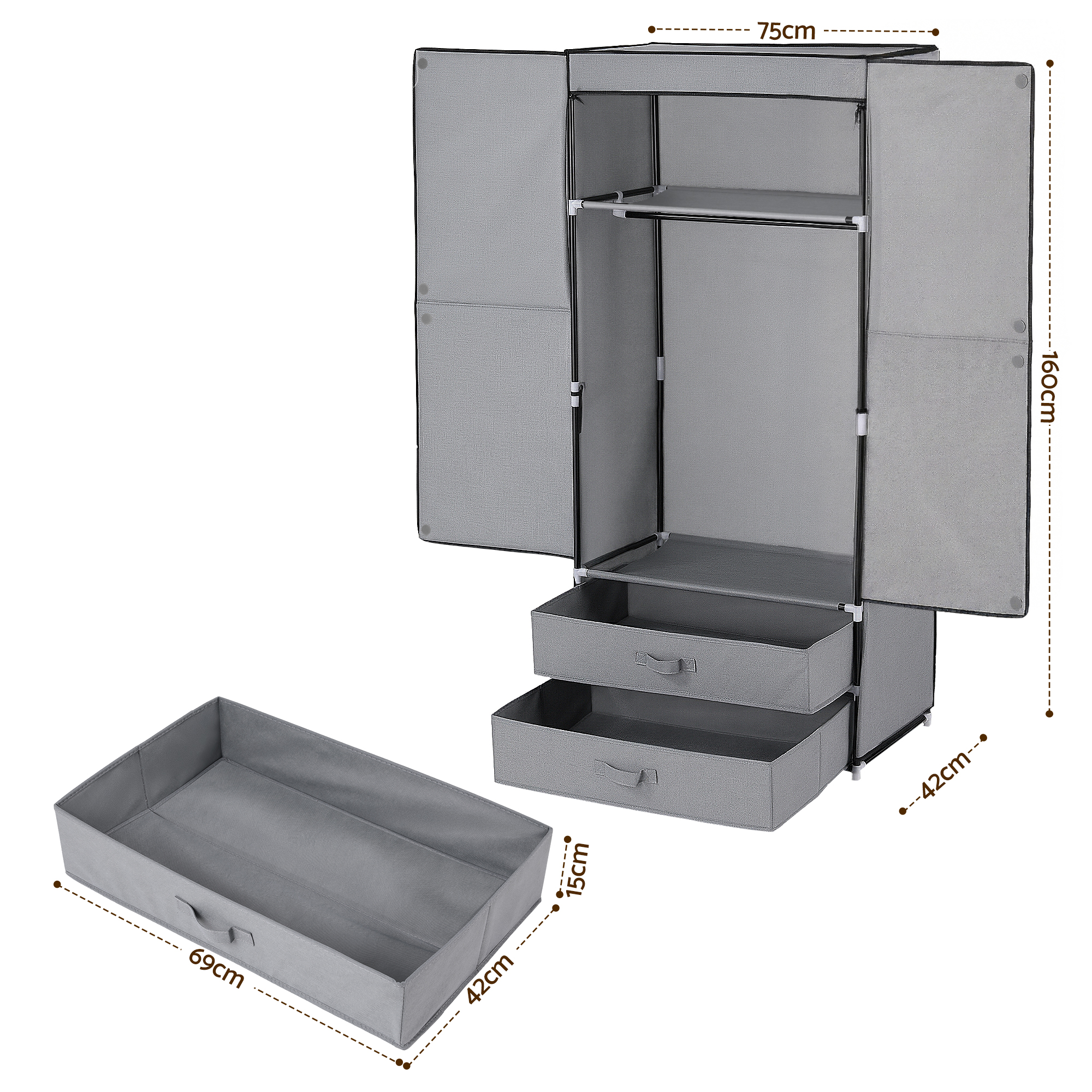 Artiss Large Portable Clothes Closet Wardrobe with Magnetic Door Grey โ image 3