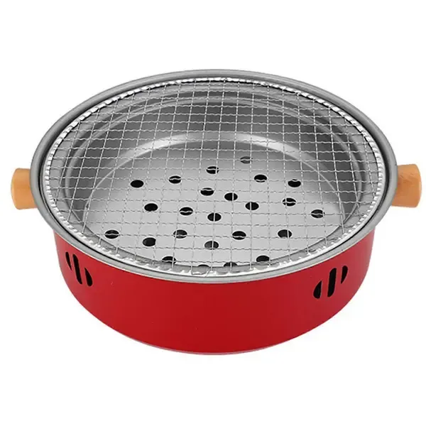 1 Piece Portable Charcoal Grill, Tabletop Iron BBQ with Removable Grate for Indoor Camping, Home Barbecues and Parties, Red