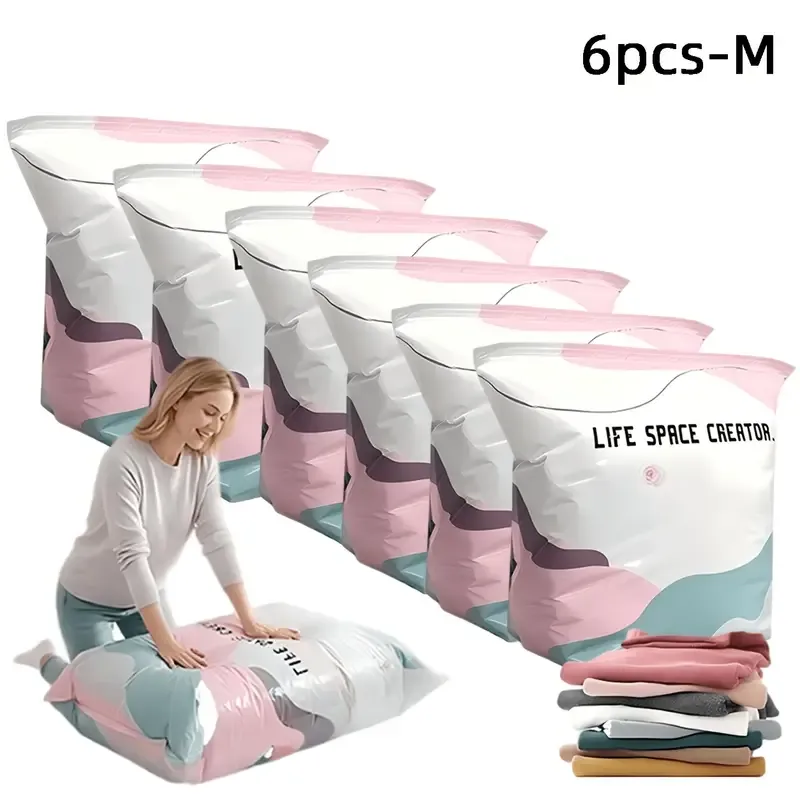 6PCS No-Pump Vacuum Storage Bags – Press to Flatten, Save 80% Space, Seasonal Storage Must-Have (Size: M)