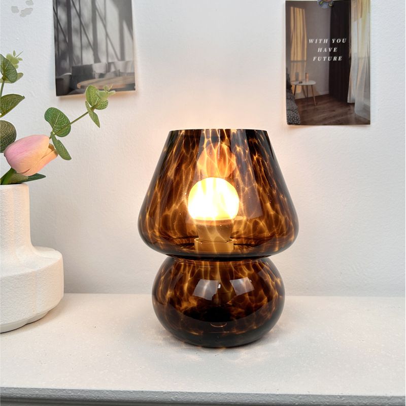 Brown Vintage Speckled All Glass Mushroom Table Lamp - Bedside Soft Ambient Night Light, USB Plug with 3 Colors Temperature Adjustable Dimming, Amber Speckled