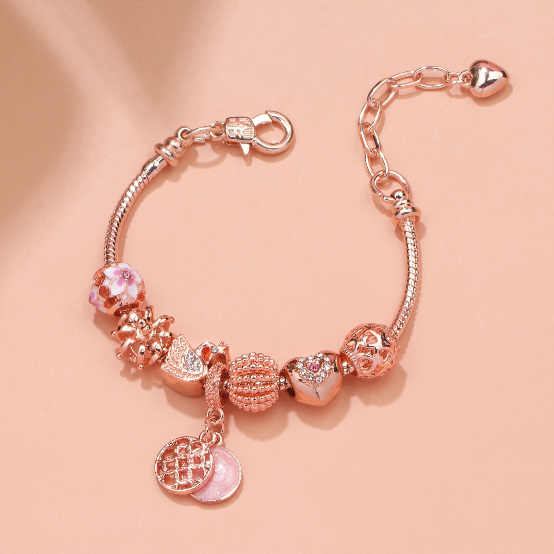 Hollow Crystal-Encrusted Swan Crown Flower Heart Bracelet(rose gold, 17cm) — image 3