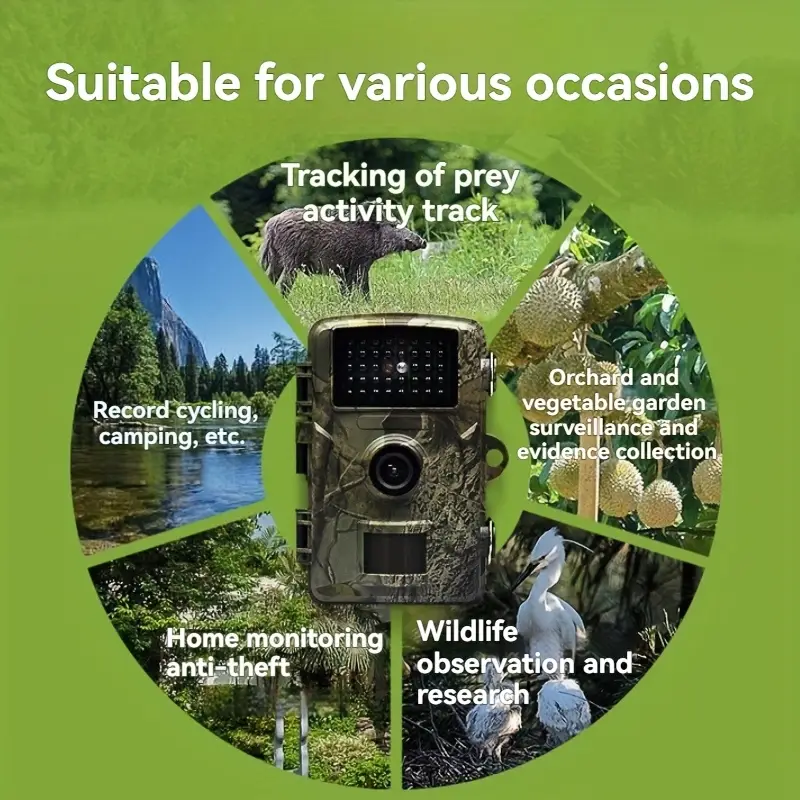 Hiking and hunting camera with night vision function, high-definition, 0.8s trigger, 120 ° wide-angle lens, used for outdoor camping, wildlife monitoring, home