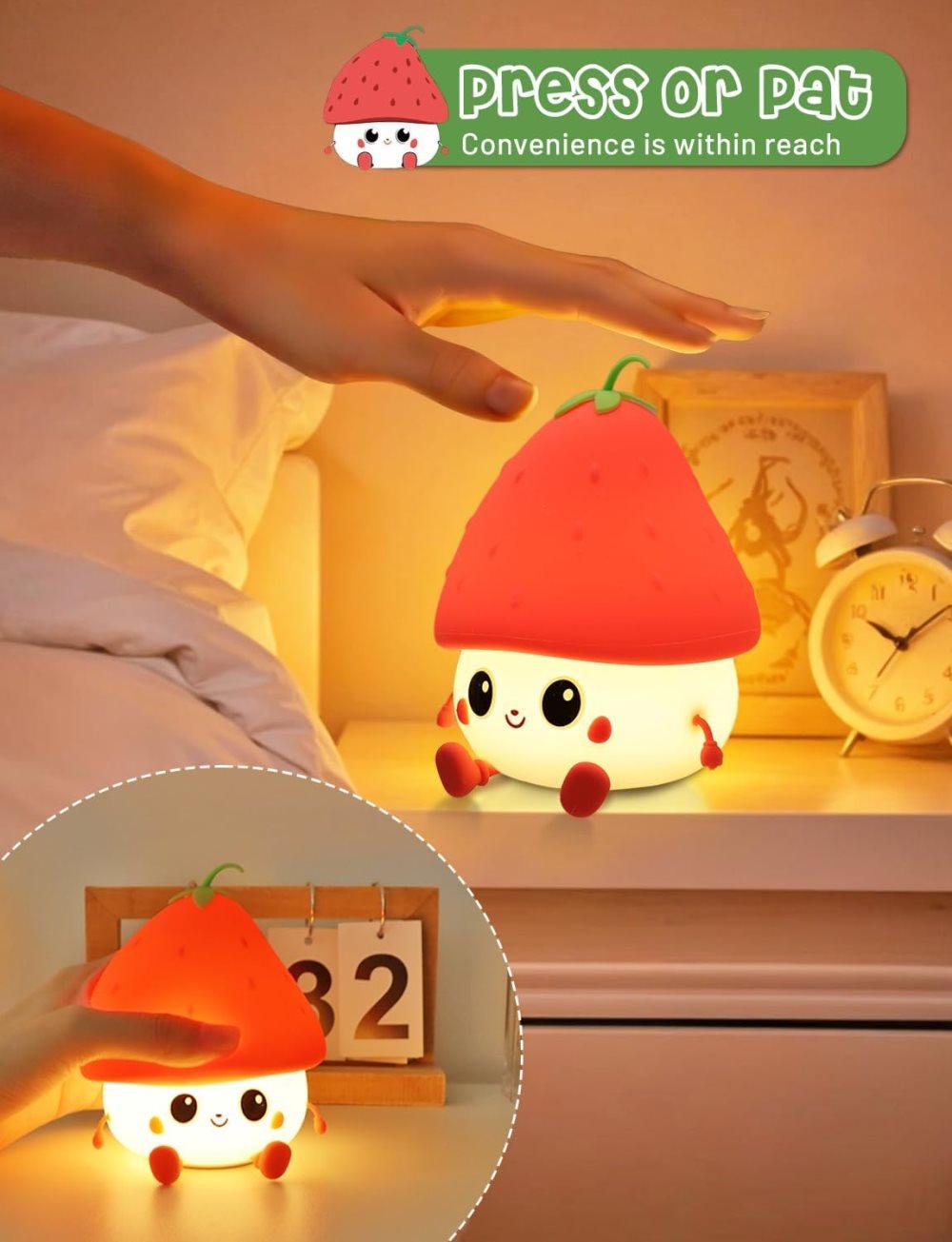 Strawberry LED Night Light USB Rechargeable Dimmable for Kids Baby Girls, Red, Silicone — image 3