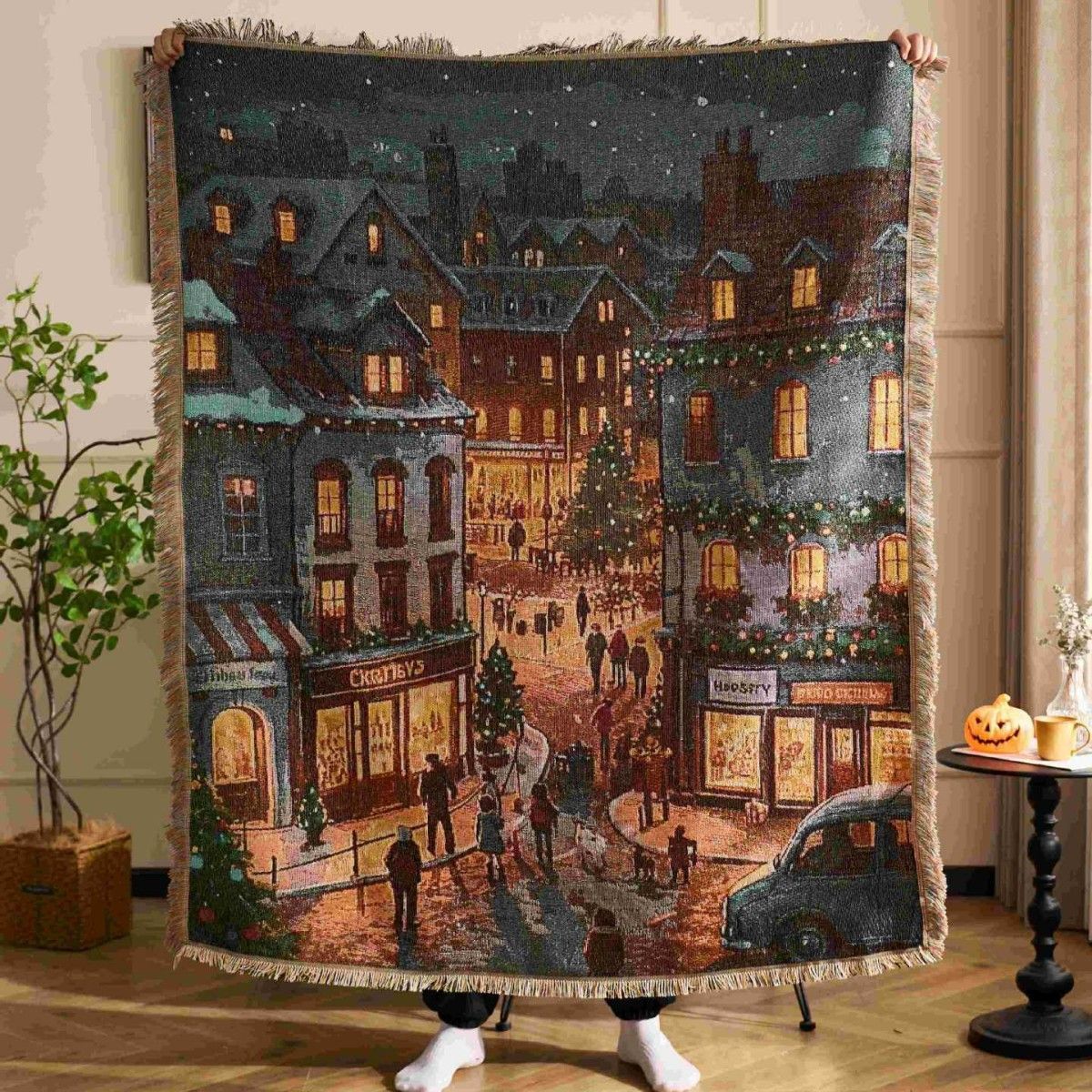 Festive Ambience Throw Blanket, Christmas & Halloween Decorative Tapestry, Soft Rest Nap Blanket For Indoor Use, Golden Thread Christmas Street Pattern