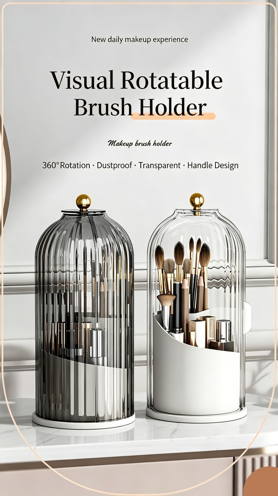 Rotatable Birdcage Vanity & Desktop Organiser, Dustproof Compartment Storage for Cosmetics, Stationery, Toothpaste, Knives, Forks & Spoons, Transparent Grey, 2 — image 3