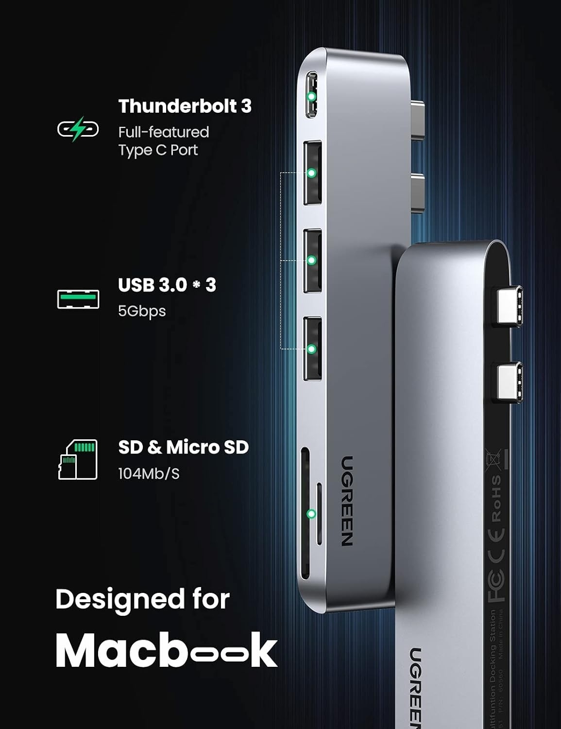 UGREEN 60560 USB-C Hub for MacBook Aluminum Type-C Adapter with 3 USB 3.0 100W โ image 3