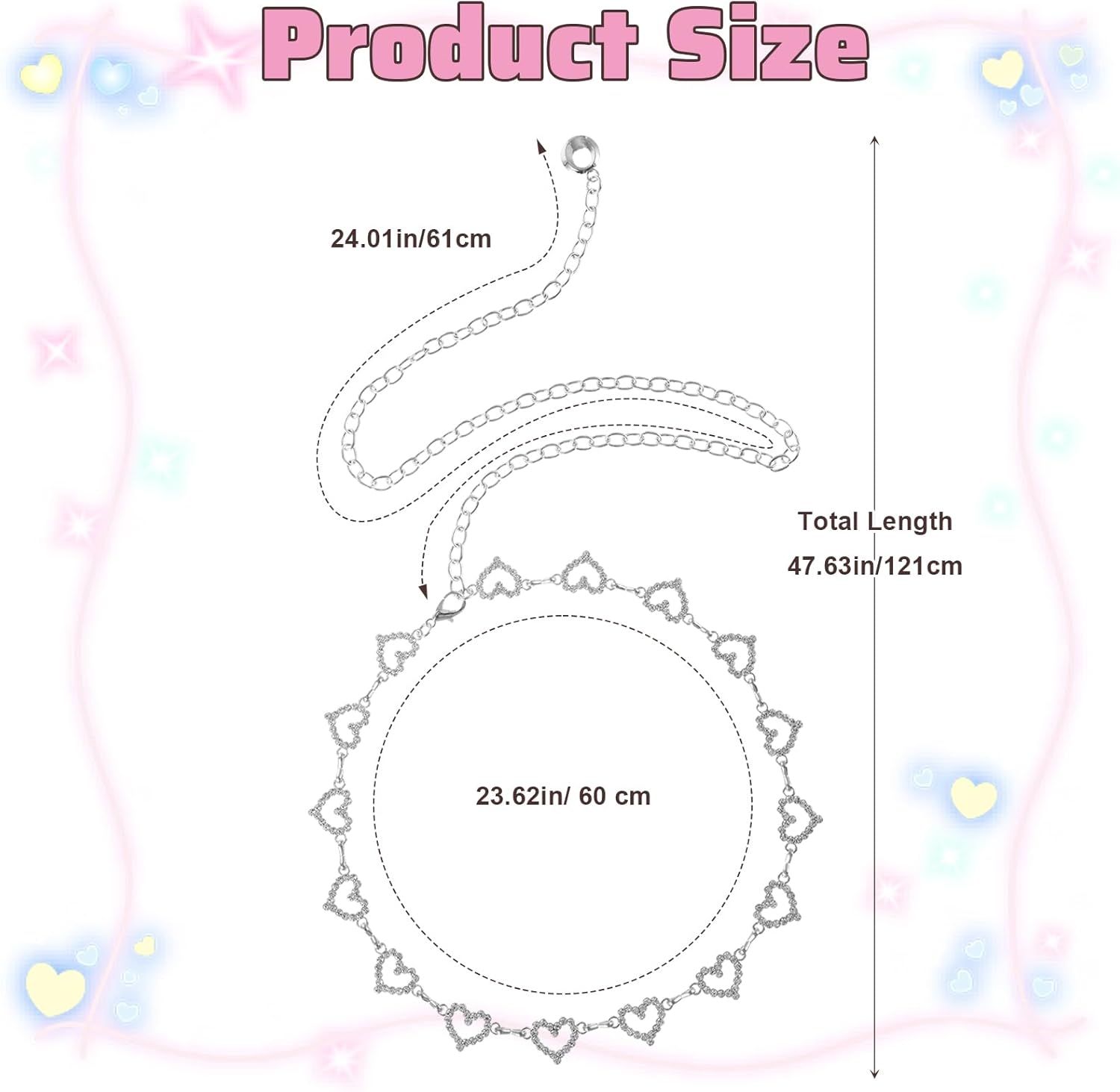 Xindojuz Heart Chain Belts for Women, 48" Fashion Waist Chain Rhinestone Flower Girls Belt, Adjustable Metal Body Belly for Dresses Jeans Bikini Jewelry Heart