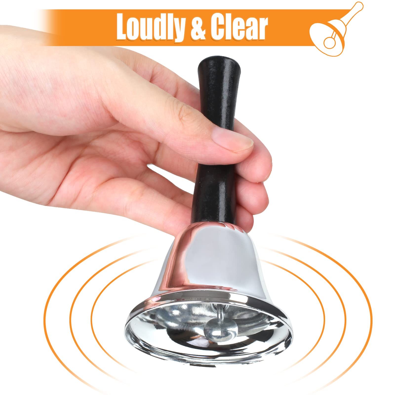2 pc Hand Bell, Ringing Bell with Handle, Dinner Bells for Inside Classroom Bell, for Food Line, Alarm, Jingles, Ringing (Silver) — image 3