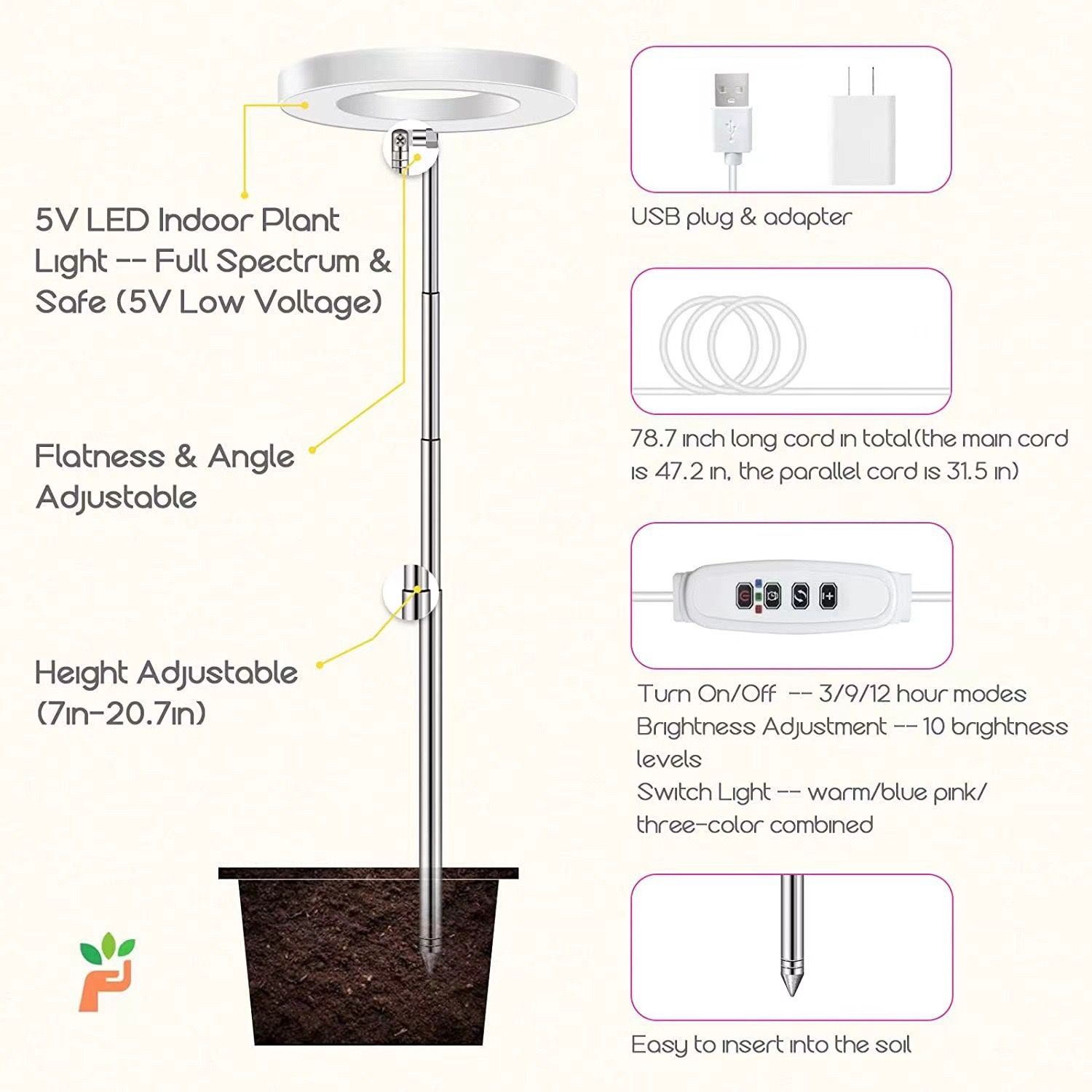 Angel Halo Ring LED Plant Grow Light, Full Spectrum Warm White & Red Blue for Succulents, Flowers, Adjustable Height and Angle, USB Powered Stake — image 3