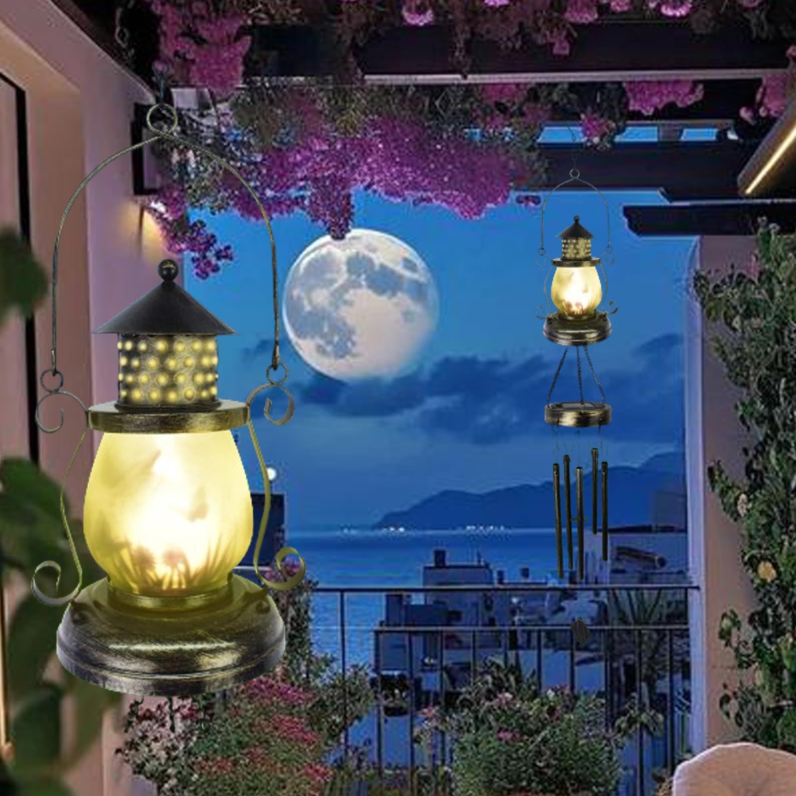 Solar Wind Chimes for Outdoor, Iron Hollow Wind Chimes Garden Decor Lantern Hanging Solar Landscape Lights Wind Bells — image 3