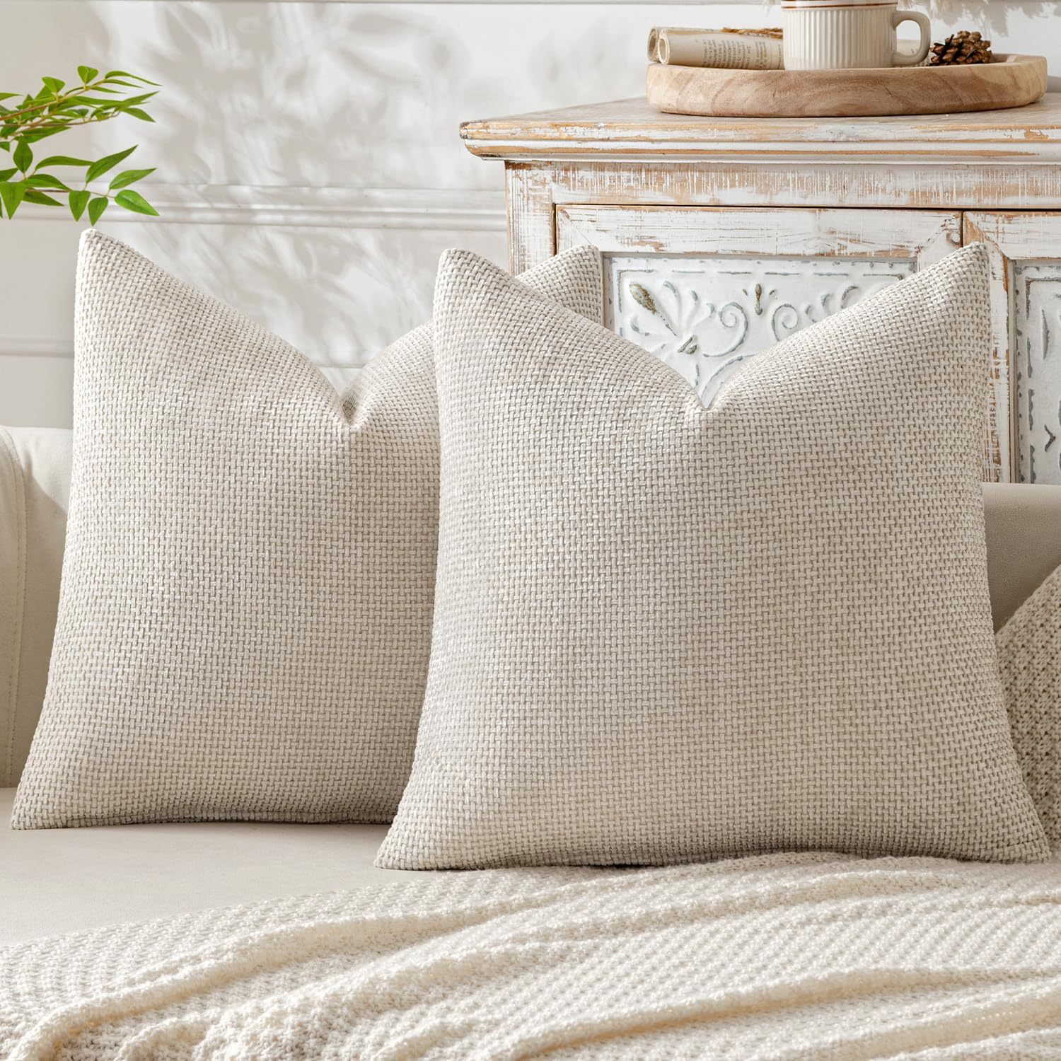 Beige Plush Chenille Cushion Covers Set of 2 - Soft Textured Decorative Throw Pillow Cases for Sofa Couch, 45 × 45cm