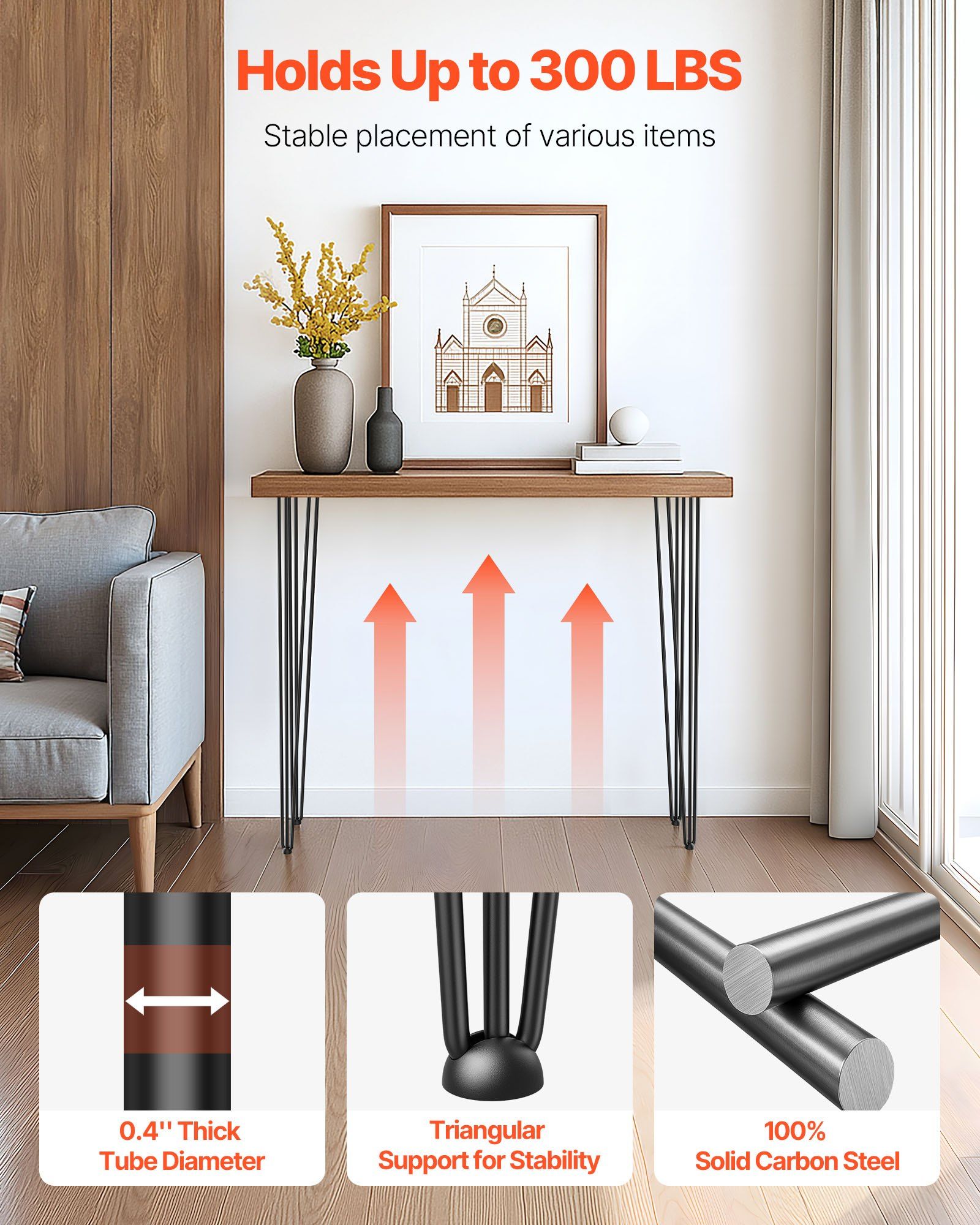 4 Pack Hairpin Table Legs 101.6cm Black Heavy Duty 3 Rod Carbon Steel Furniture Legs for Desk Dining Table Bench End Table DIY Each Supports 99.8kg โ image 3