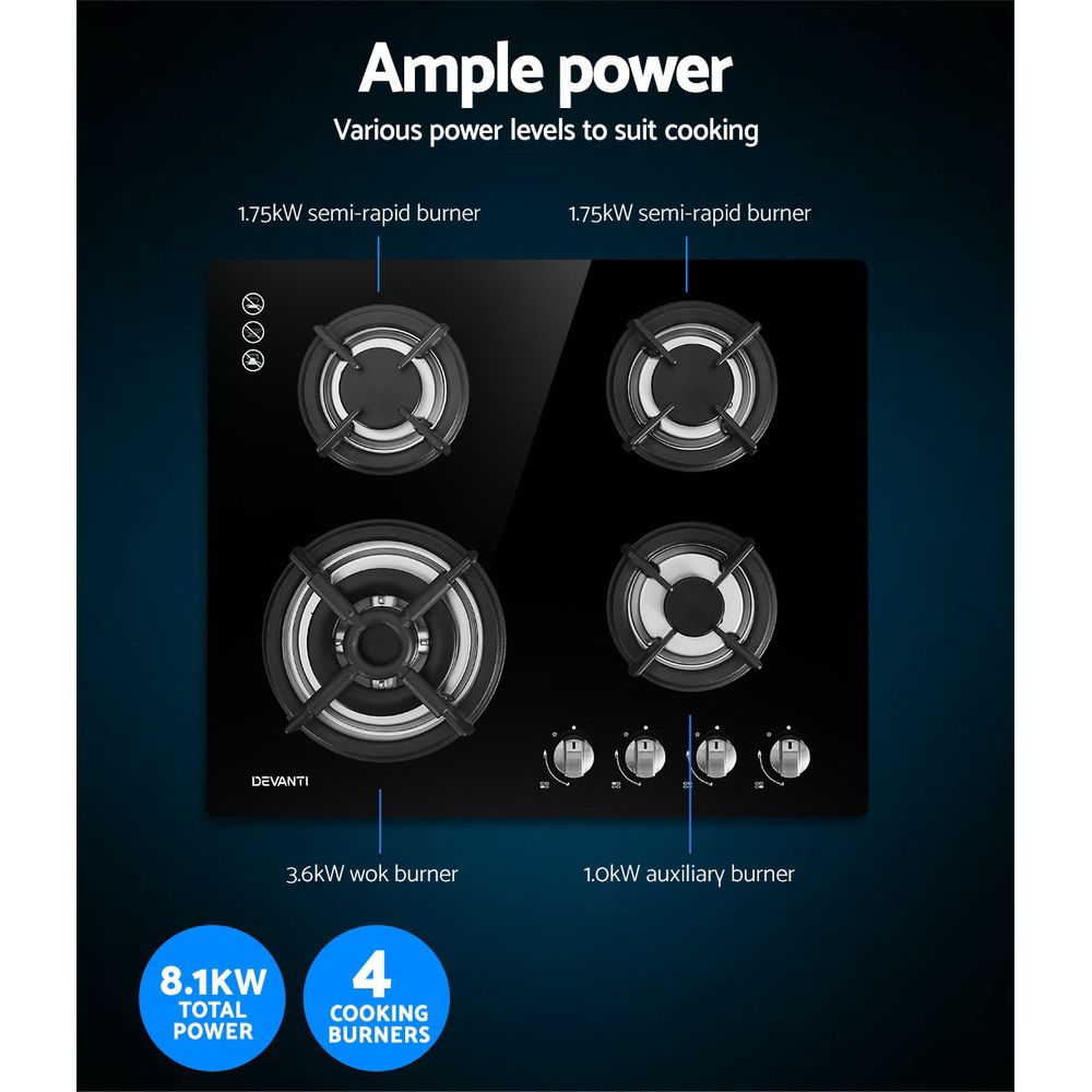 Devanti Gas Cooktop 60cm 4 Burner Black โ image 5