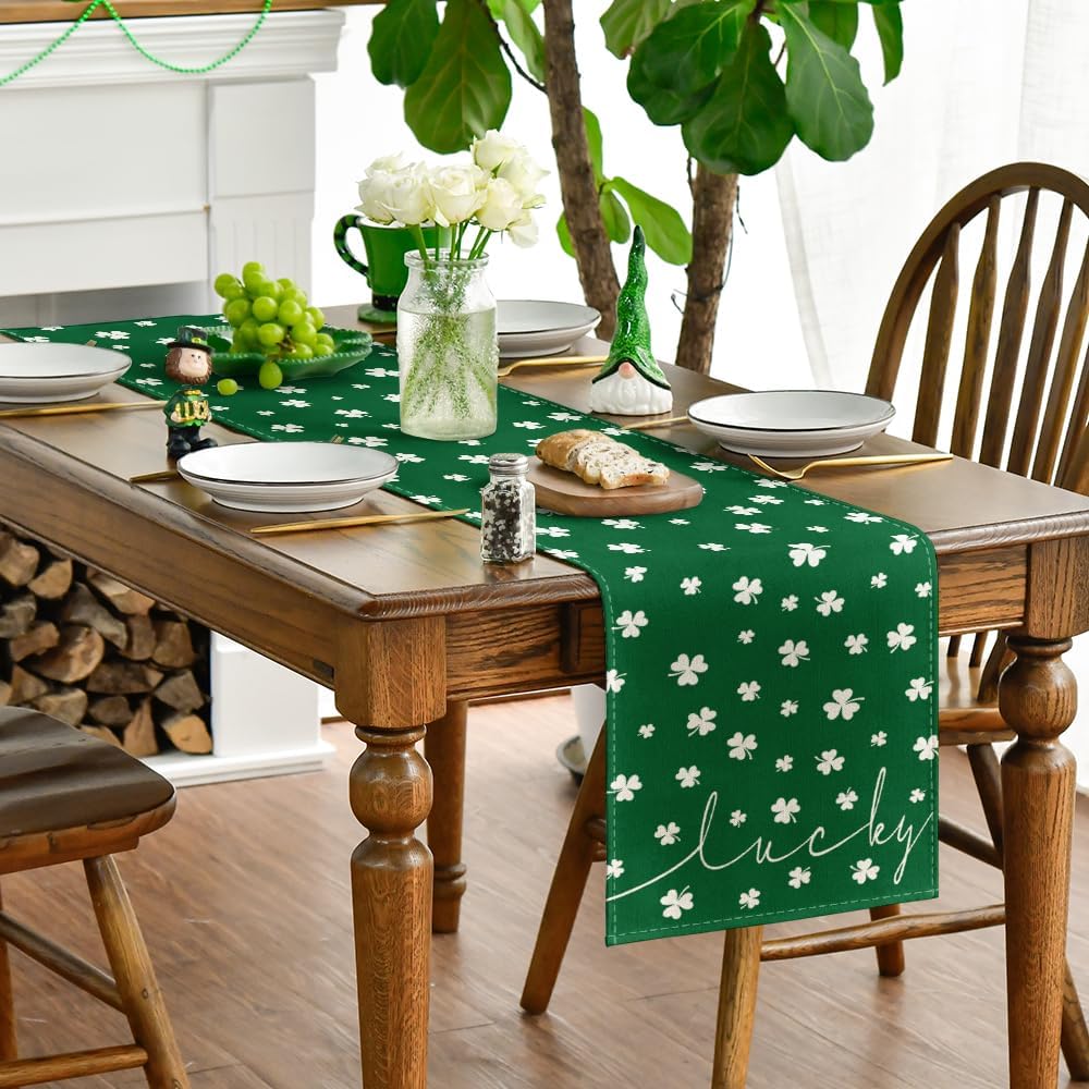 Green Lucky Shamrock St. Patrick's Day Table Runner, Seasonal Spring Holiday Kitchen Dining Table Decoration for Indoor Outdoor Home Party Decor 13 × 72 Inch — image 3