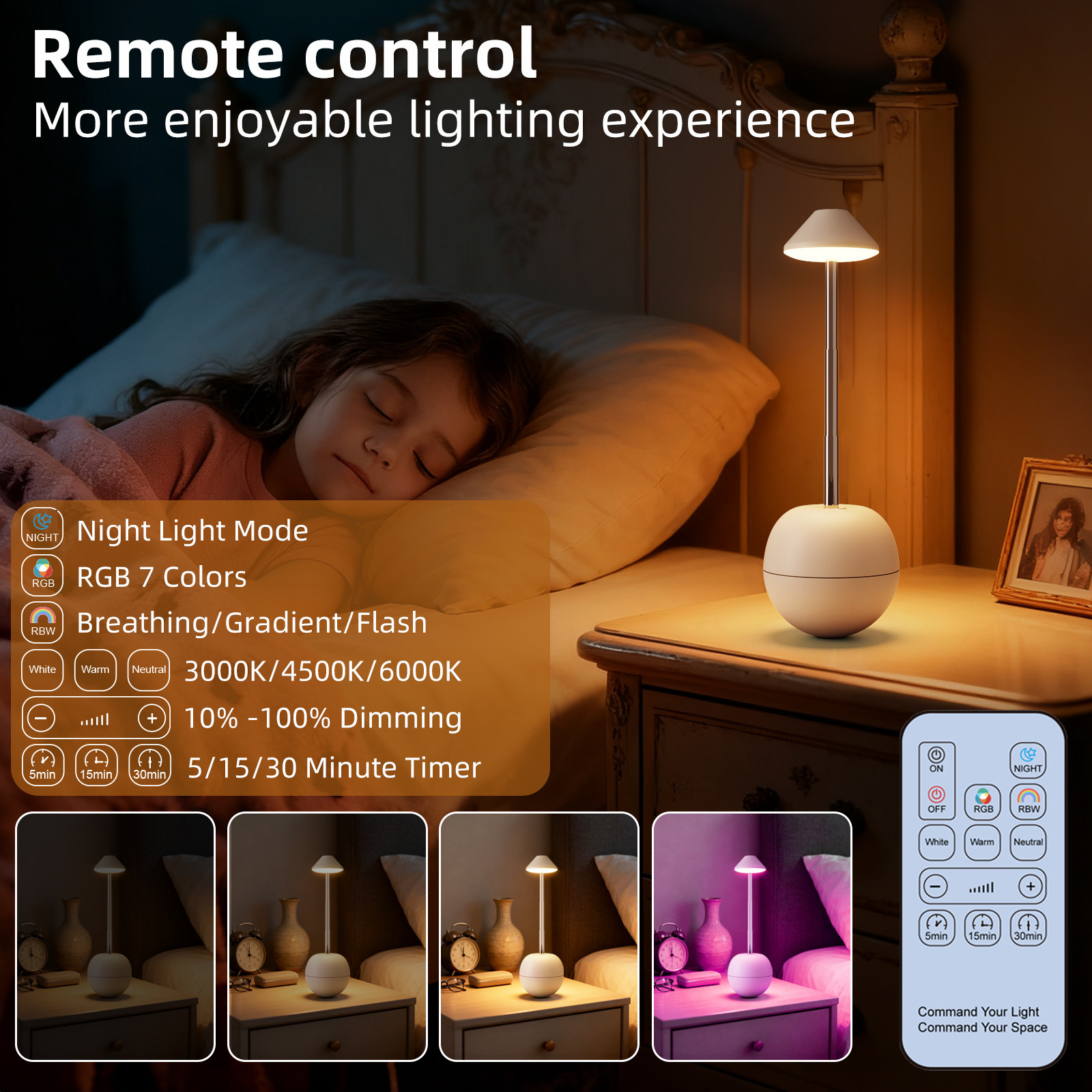 White Creative Tumbler LED Night Light - Rechargeable RGB Desk Lamp with Remote Control - Height Adjustable, Brightness Adjustable, Bedside Ambient Light โ image 5