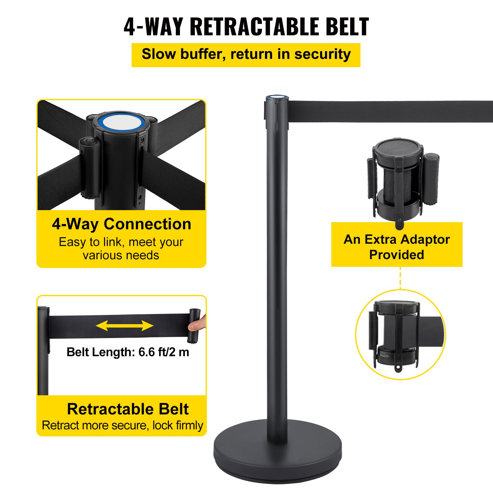 Crowd Control Stanchion, Set of 6 Pieces Stanchion Set, Stanchion Set with 6.6 ft/2 m Black Retractable Belt, Black Crowd Control Barrier with Concrete and โ image 4
