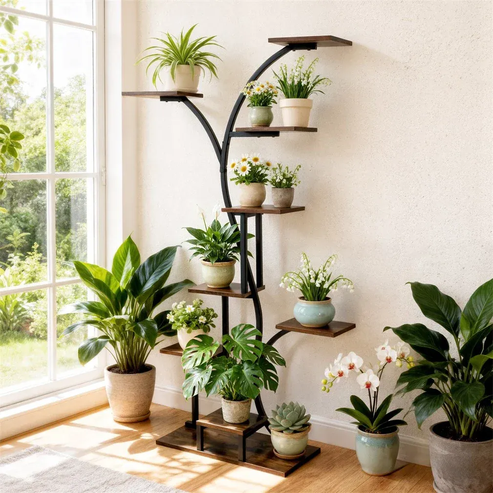 8 Tier Tree-Shaped Plant Stand Indoor Tall Plant Shelf Display Rack with Optional LED Grow Lights Metal MDF Flower Pot Holder โ image 2