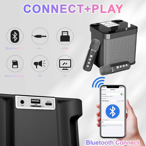 Black Karaoke Machine with 2 Wireless Microphones Bluetooth-Compatible 5.0 for Parties — image 2