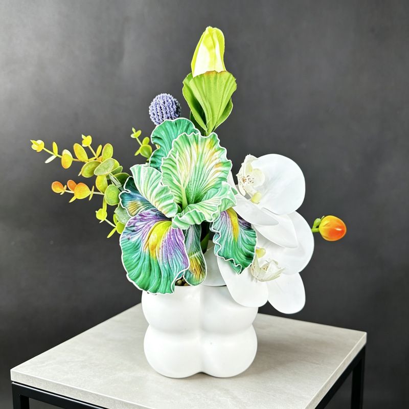 Simulated iris potted plant, floral artistry vibrant and colorful, pumpkin planter round and versatile, no maintenance ready to display upon opening, brightens โ image 4