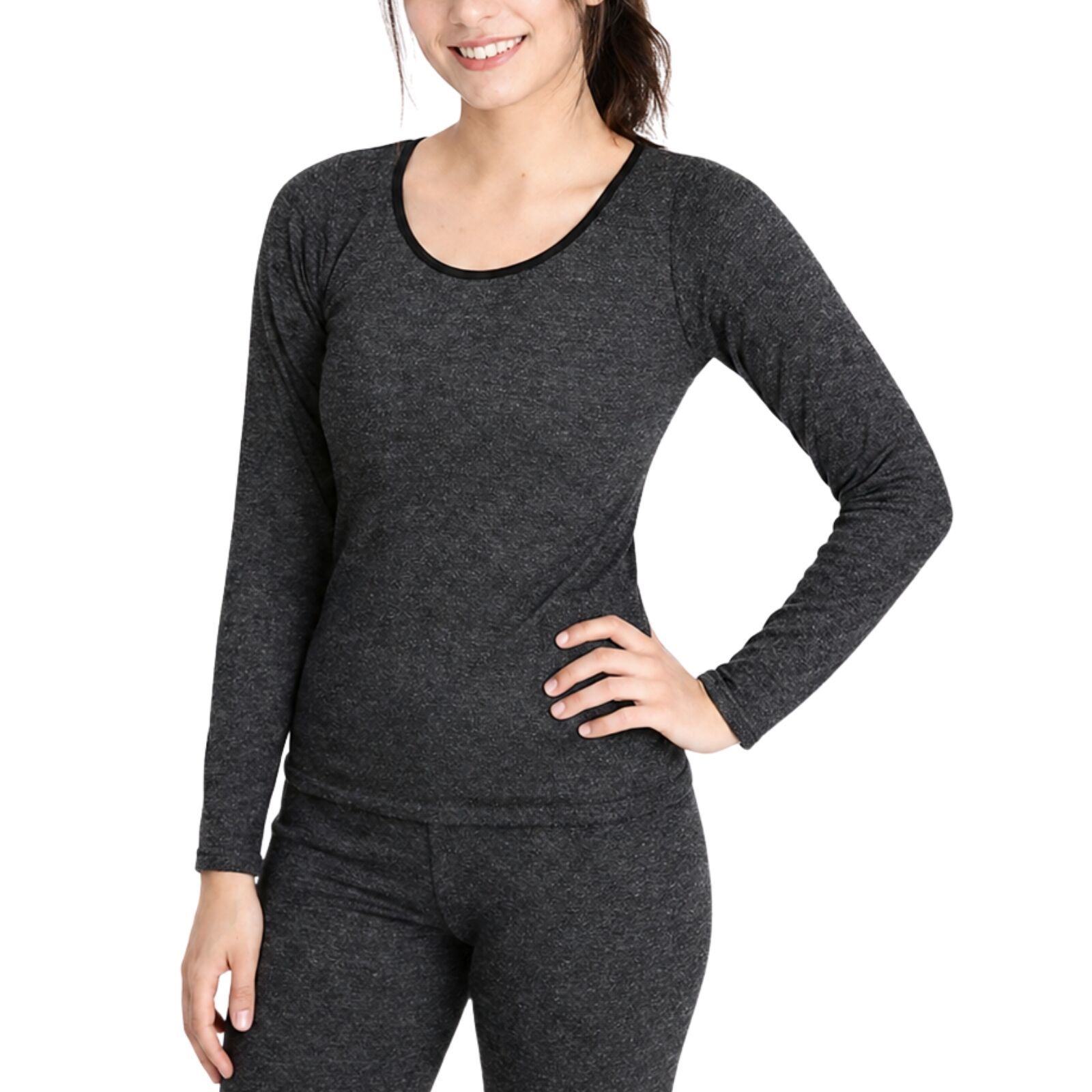 Womens Merino Wool Blend Thermal Top Long Sleeve Spencer Base Layer - Black — image 2