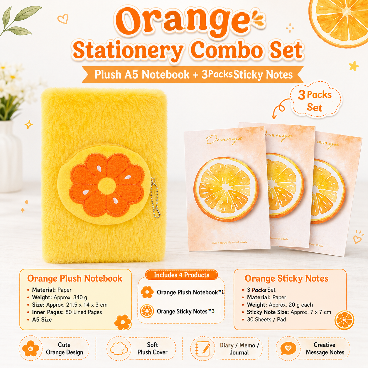 Fruit-Shaped Office Supplies Set-3 packs Orange Shaped Sticky Notes and A5 Plush Notebook with Orange Shaped Detachable Coin Purse - Cute Memo Pads for