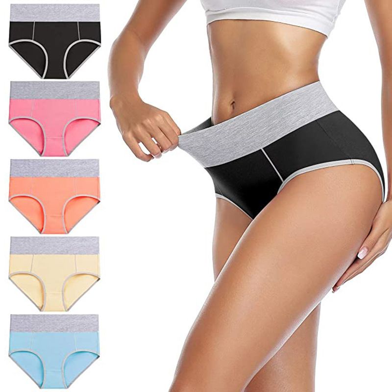 Plus Size Sport Yoga Panties 5-Pack Mixed Colors - Seamless Breathable Cotton High Waist Brief for Women - Workout Athletic Underwear for Daily