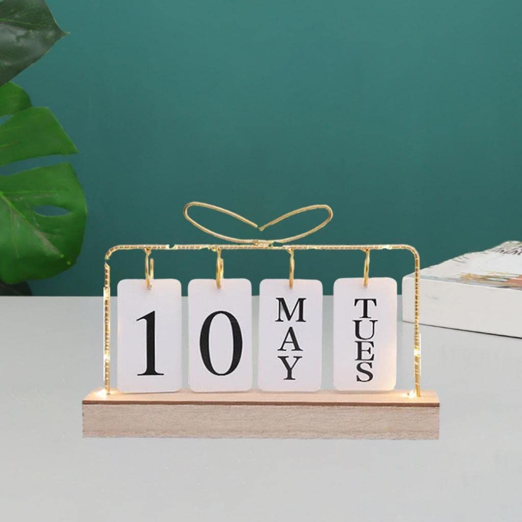 Generic Flip Calendar Month, Date and Day Nordic Wooden Base Metal Frame Delicate Reusable with Light Perpetual for Decor โ image 3