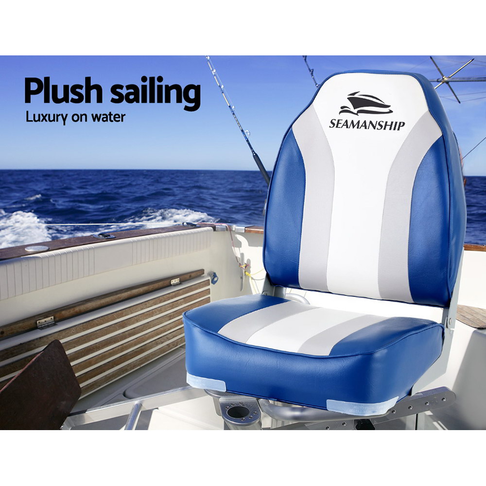Seamanship 2X Folding Boat Seats Marine Seat Swivel High Back 12cm Padding Blue โ image 5