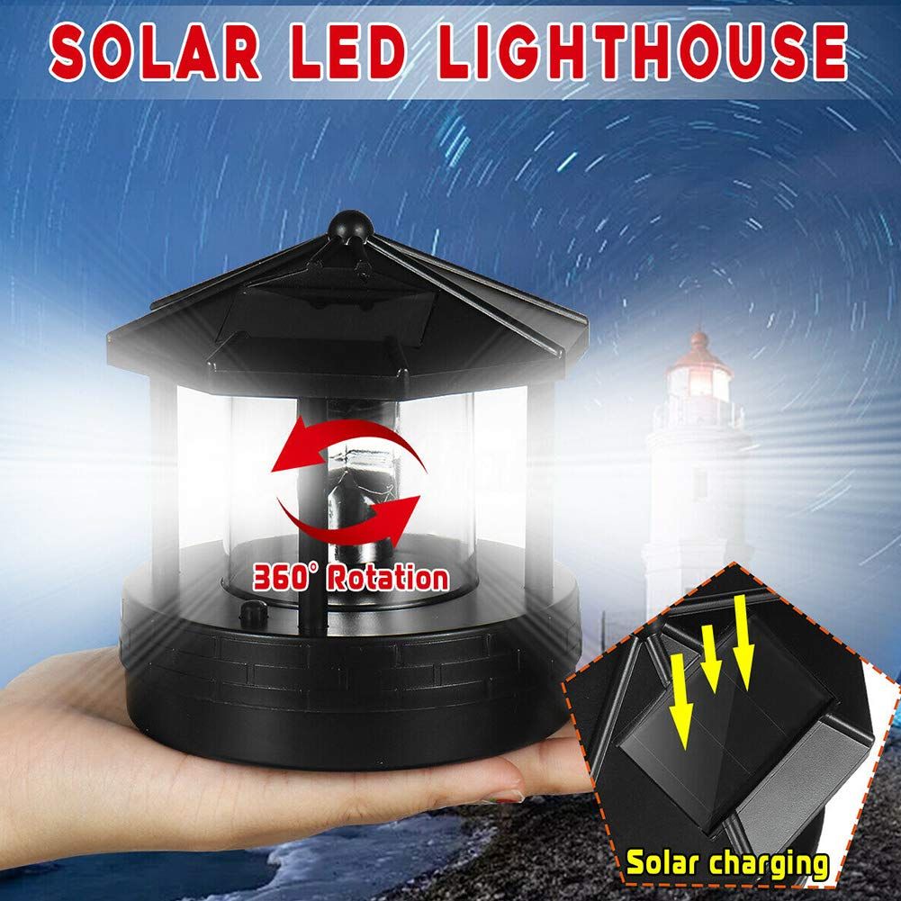 LED Solar Powered Lighthouse,360 Degree Rotating Lamp Waterproof Statue Rotating Lights for Garden Yard Outdoor Décor, Black — image 5