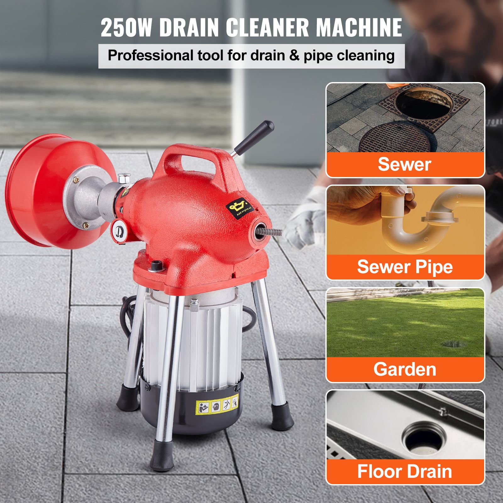 Drain Cleaner Machine 66FT x 5/8In 250W Sectional Snake Auger Manual Feed โ image 2