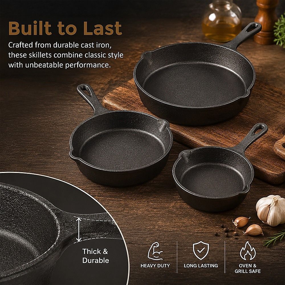 Chef Cast Iron Frying Pan Set – 3PCS Skillet, Grill & Oven Cookware for Home Cooking — image 6