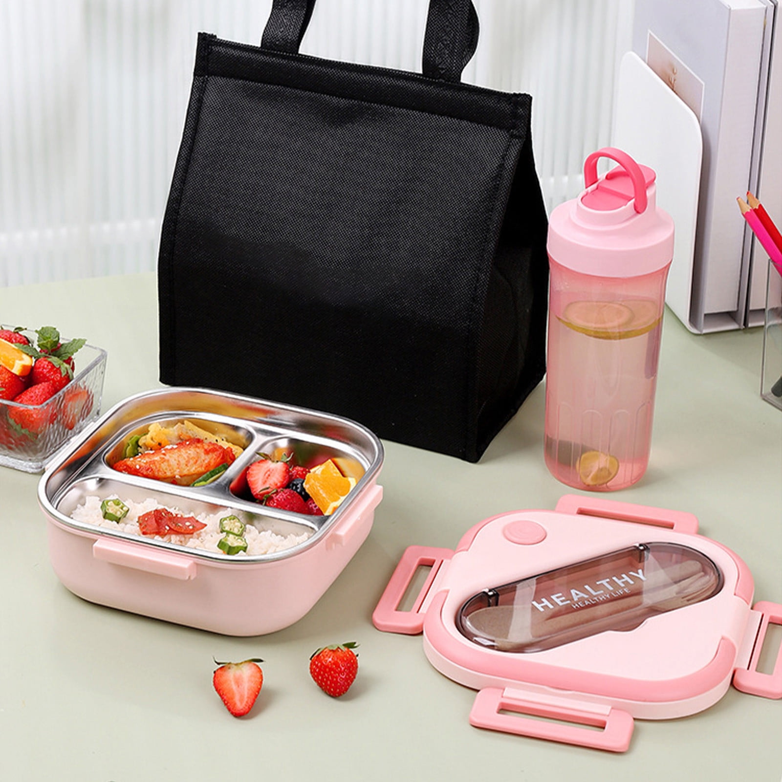 Lunch Box, Toddler Lunch Box, Leak-Proof, Four-Sided Clasp for School,Camping,Travel, 7.5x7.5x3 In,Light Blue Pink — image 5