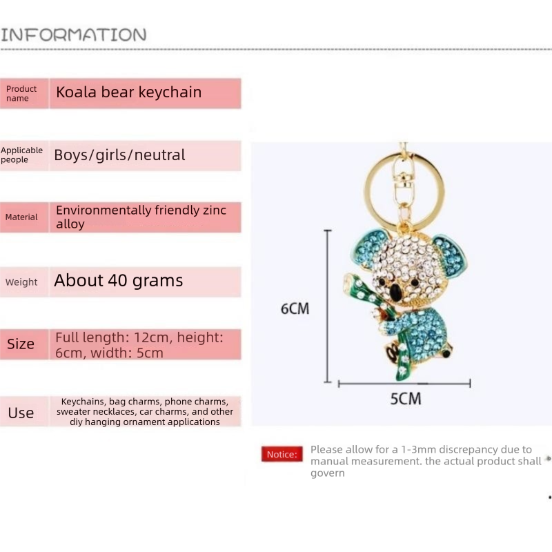 Blue Rhinestone Koala Keychain - Eco Friendly Zinc Alloy Metal Key Ring with Lobster Clasp - Cute Car Key Fob and Bag Charm Accessory for Women Girls — image 4