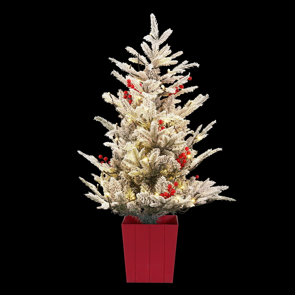 Jingle Jollys Christmas Tree 1M LED Potted Xmas Party Decor Red Barries Flocked — image 3