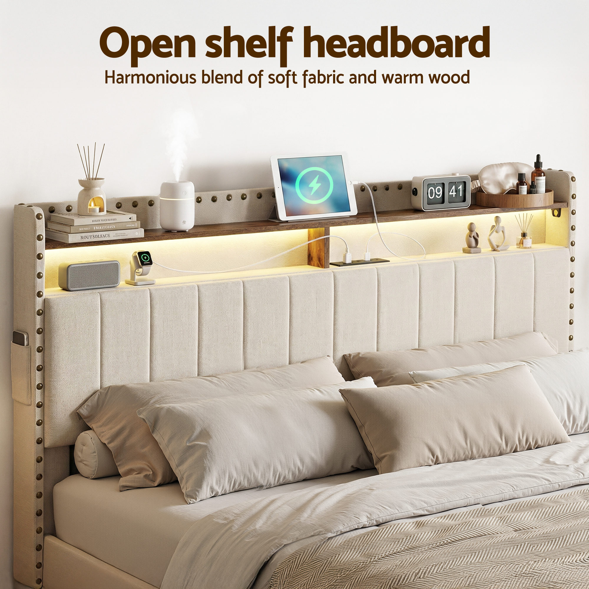 Artiss Queen Upholstered Bed Frame with Shelf Storage Drawers Charging Station Mood Lighting Linen โ image 4