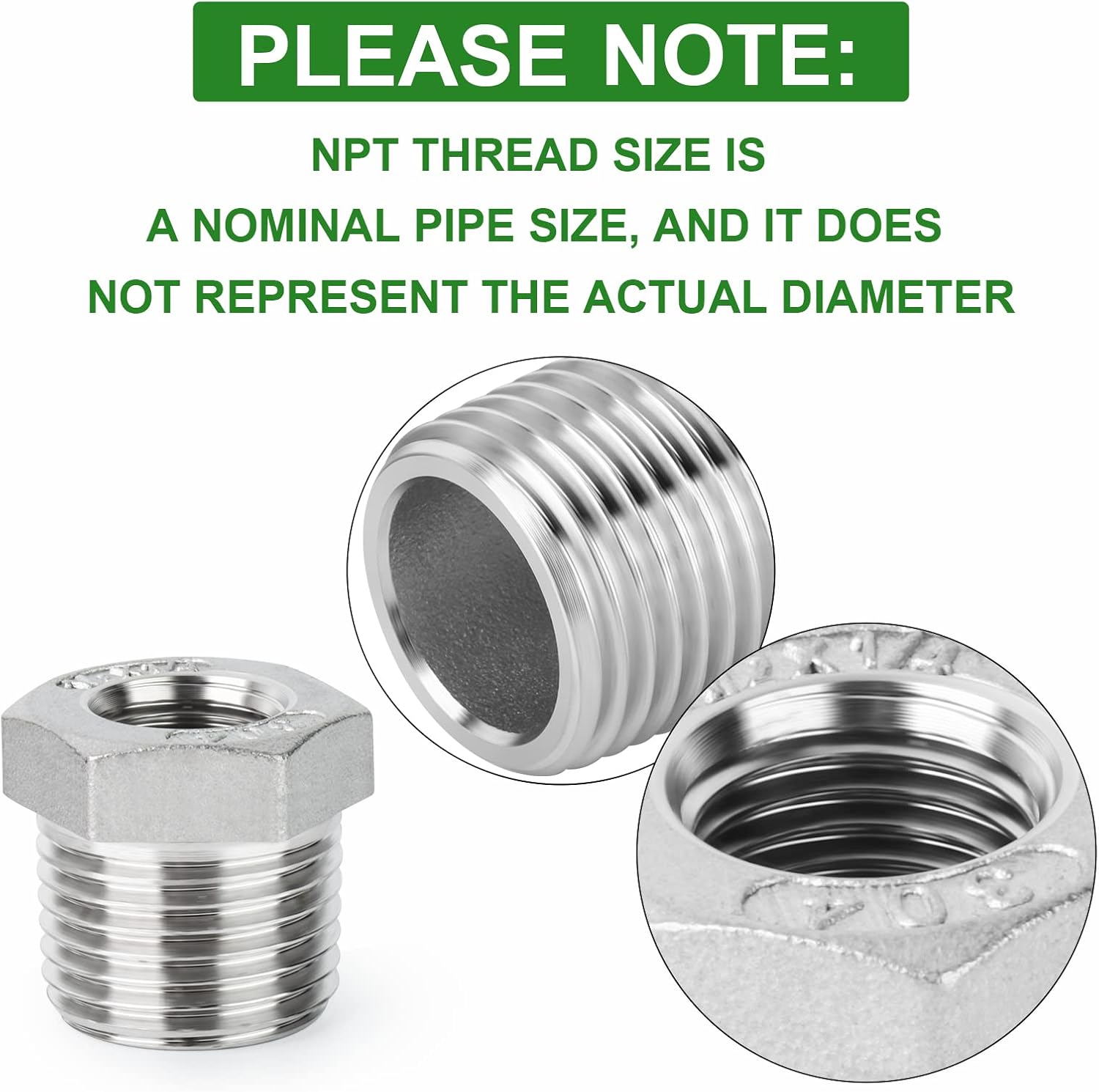 10PCS 304 Stainless Steel Reducer Hex Bushing, 3/8" NPT Male x 1/4" NPT Female, Reducing Pipe Adapter Fitting โ image 5
