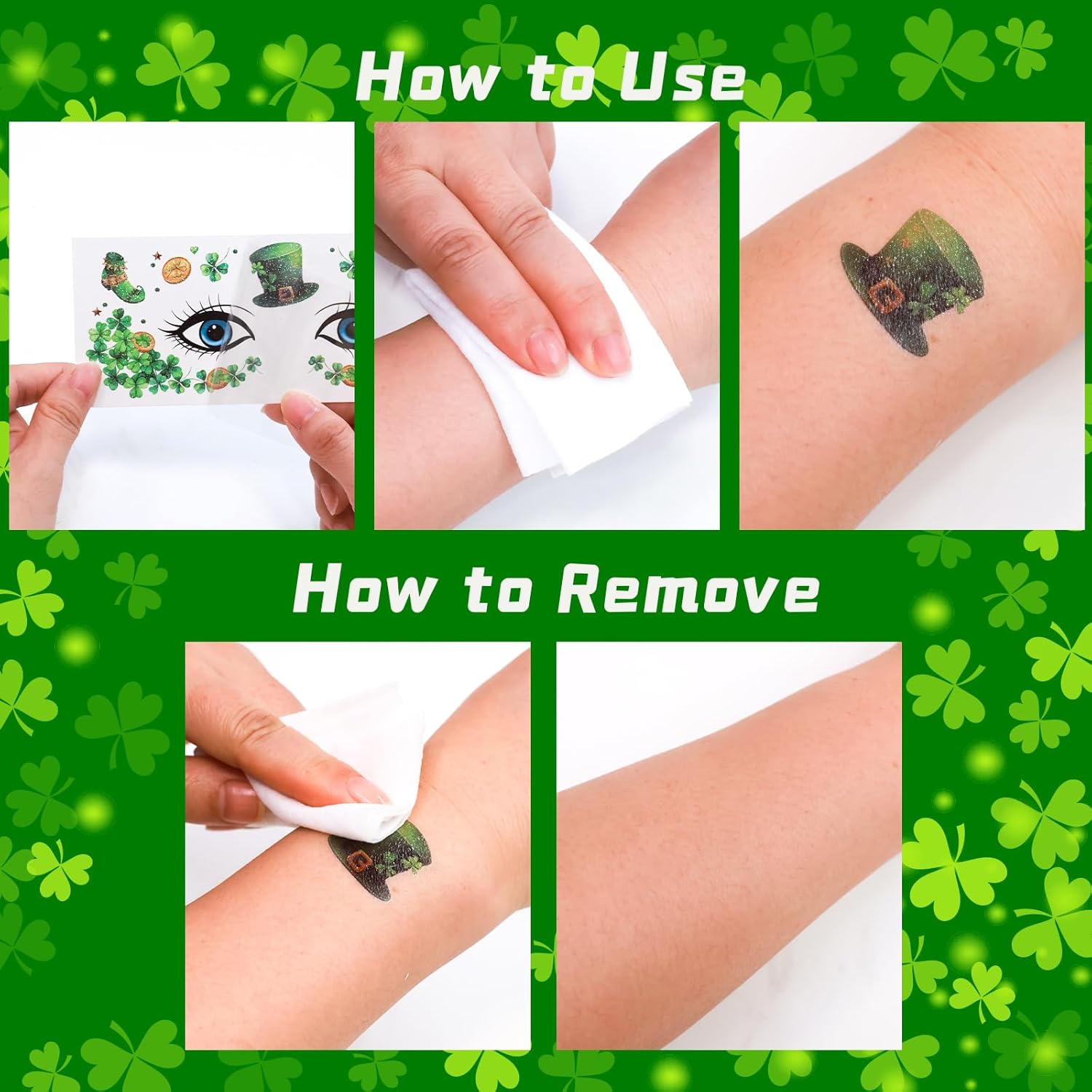 Ceiba Tree St. Patrick's Day Face Stickers Temporary Tattoos 10 Sheets Saint Patrick's Day Irish Shamrock Clover Make up Accessories for Women Kids Party — image 2