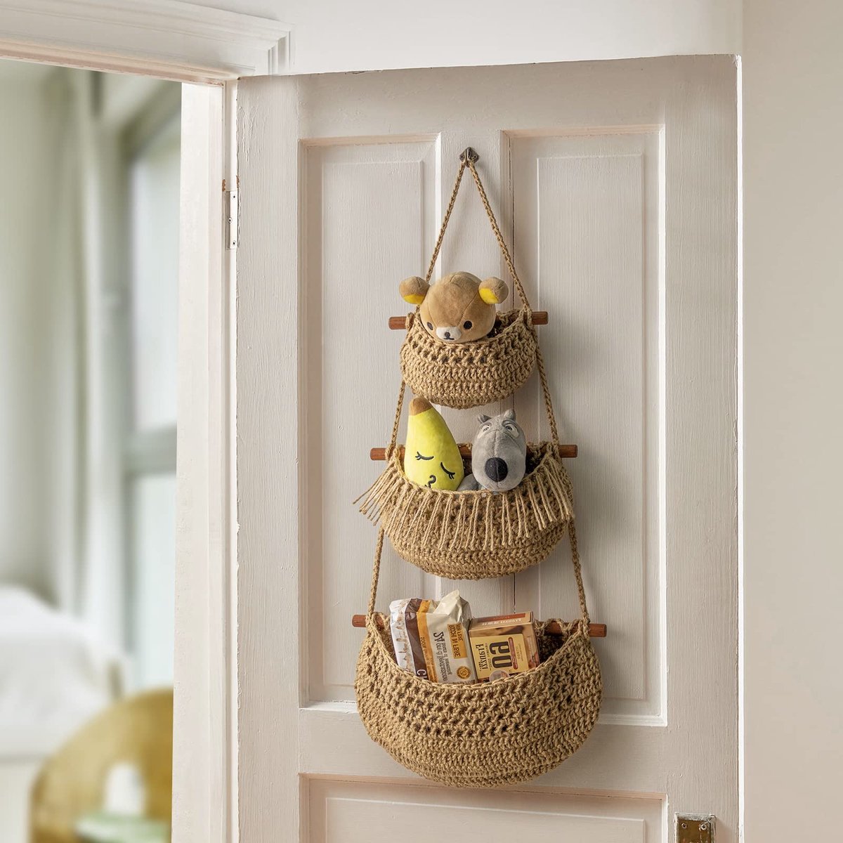 Hanging Fruit Basket - Hanging Storage - 3-Tier Over-the-Door Organizer - Woven Jute Wall Basket - Storage Bags - Over-the-Door Wall Organizer - For Entryway — image 4