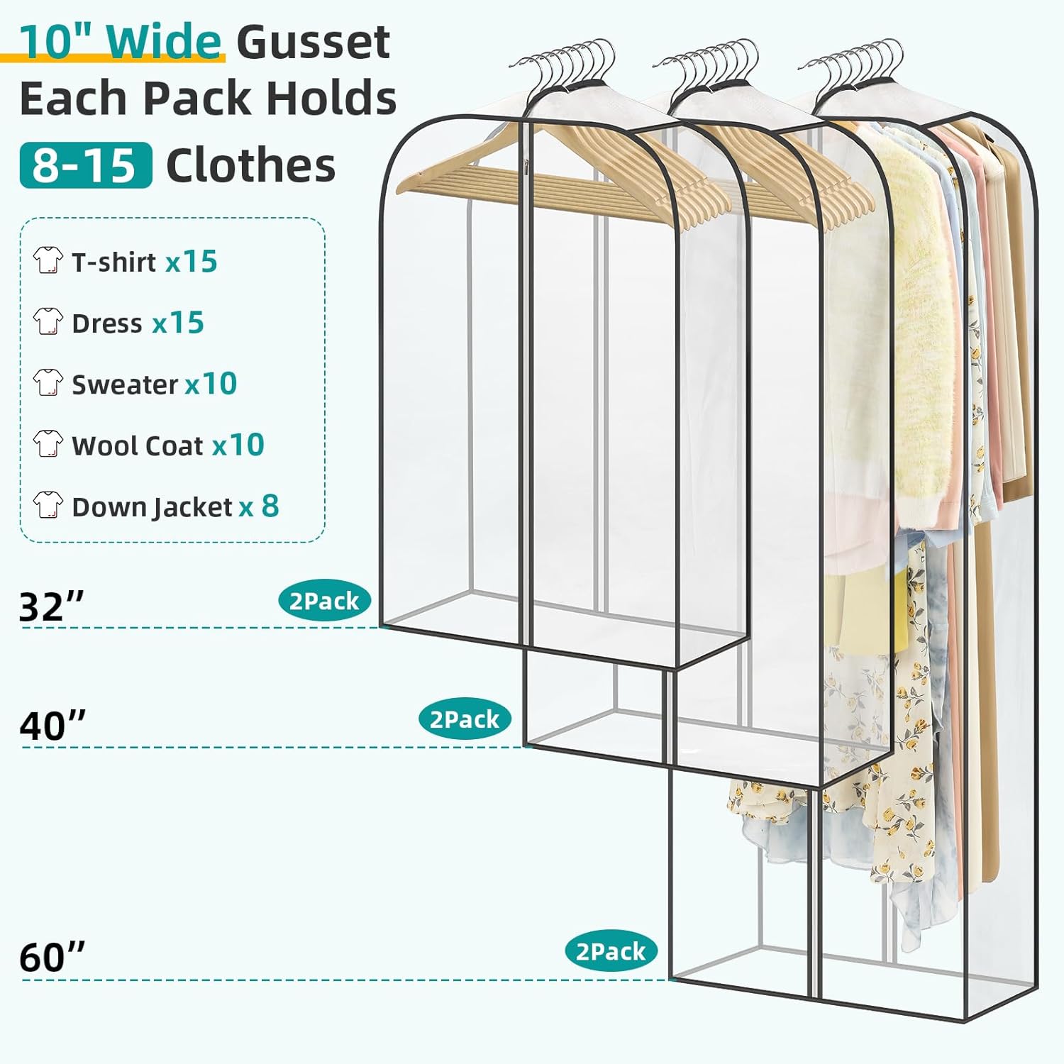 LANDNEOO 6 Pack Clear Garment Bags for Hanging Clothes with Zippers on Double Sides - 10'' Clothes Storage for Coat, Dress, and Fur in Closet - 32&40&60" Long — image 2