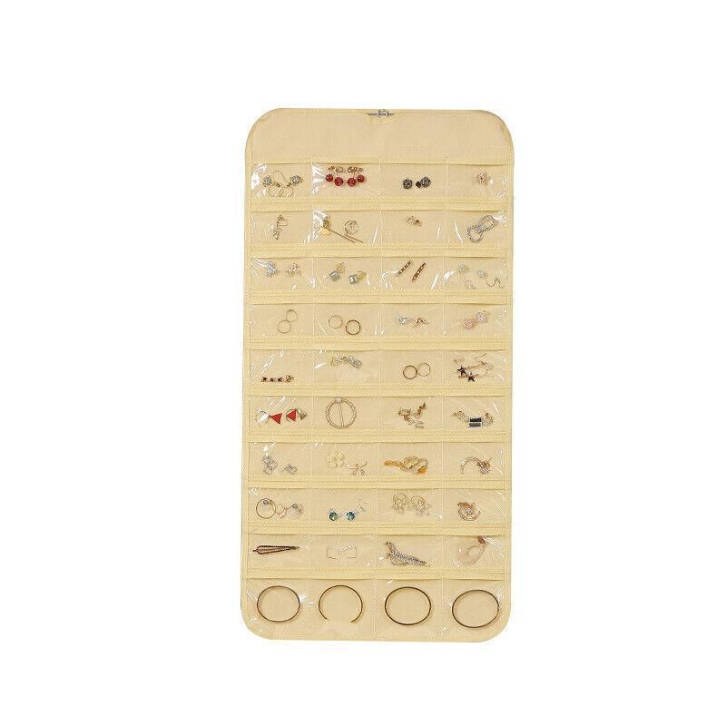 80 Pockets Jewelry Hanging Storage Organizer Holder Earring Display Pouch Bag - Beige