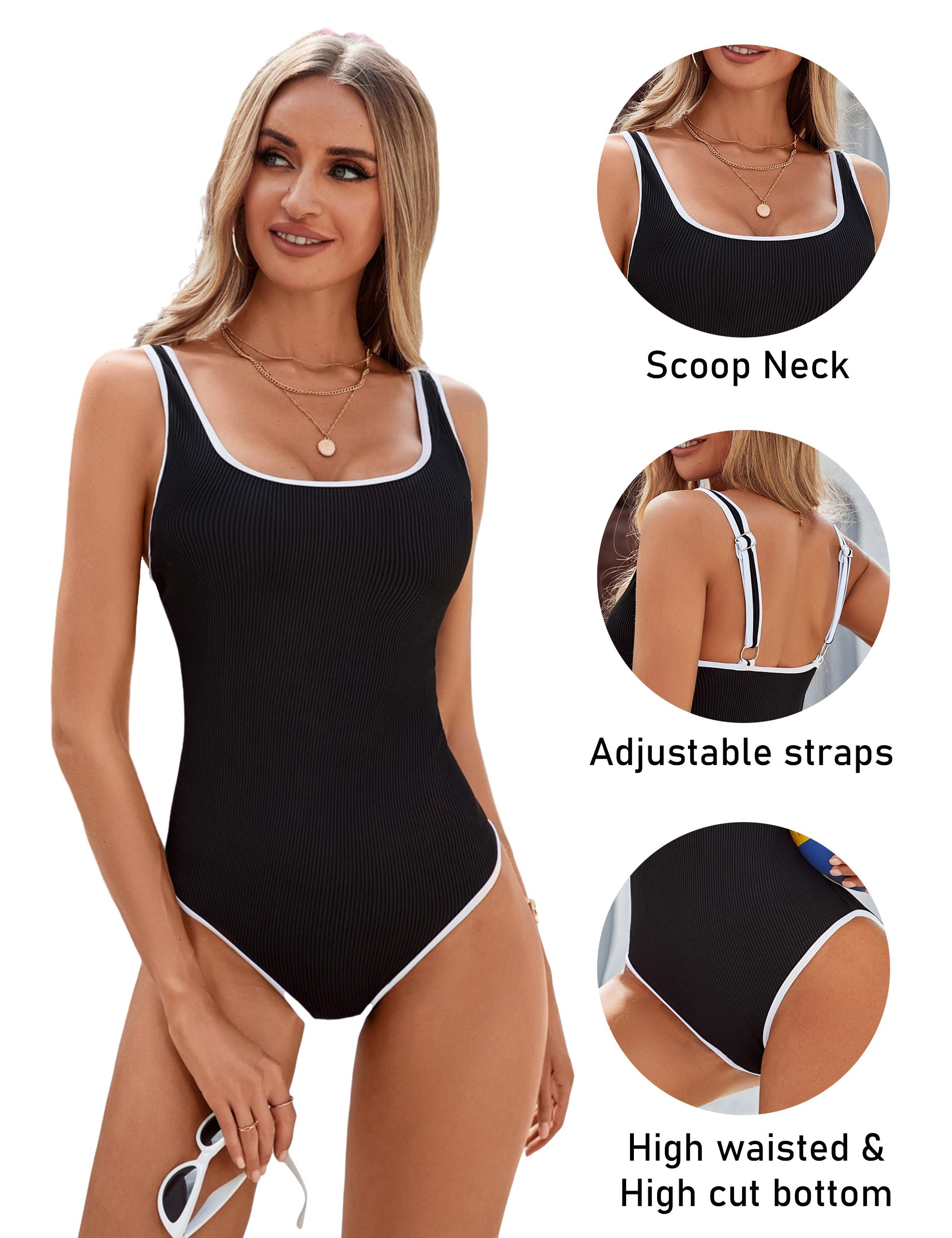 Women's Black One Piece Swimsuit with White Trim: Adjustable Strap, Ribbed, High Cut for Sports & Beach(S) — image 3