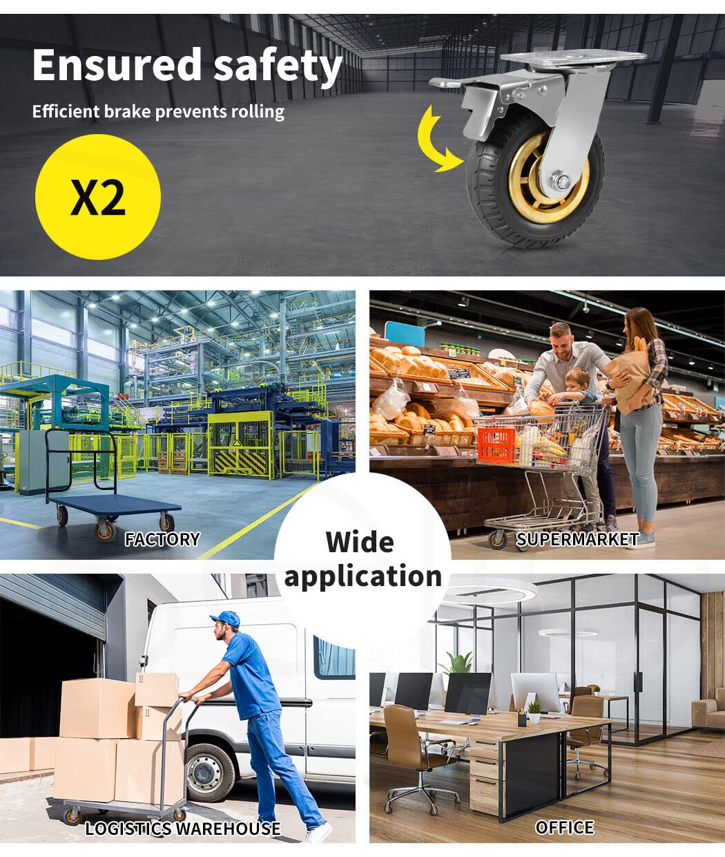 4X 6" / 150mm Heavy Duty Swivel Caster Wheels Castor 1000KG Load,2 with Brakes โ image 6