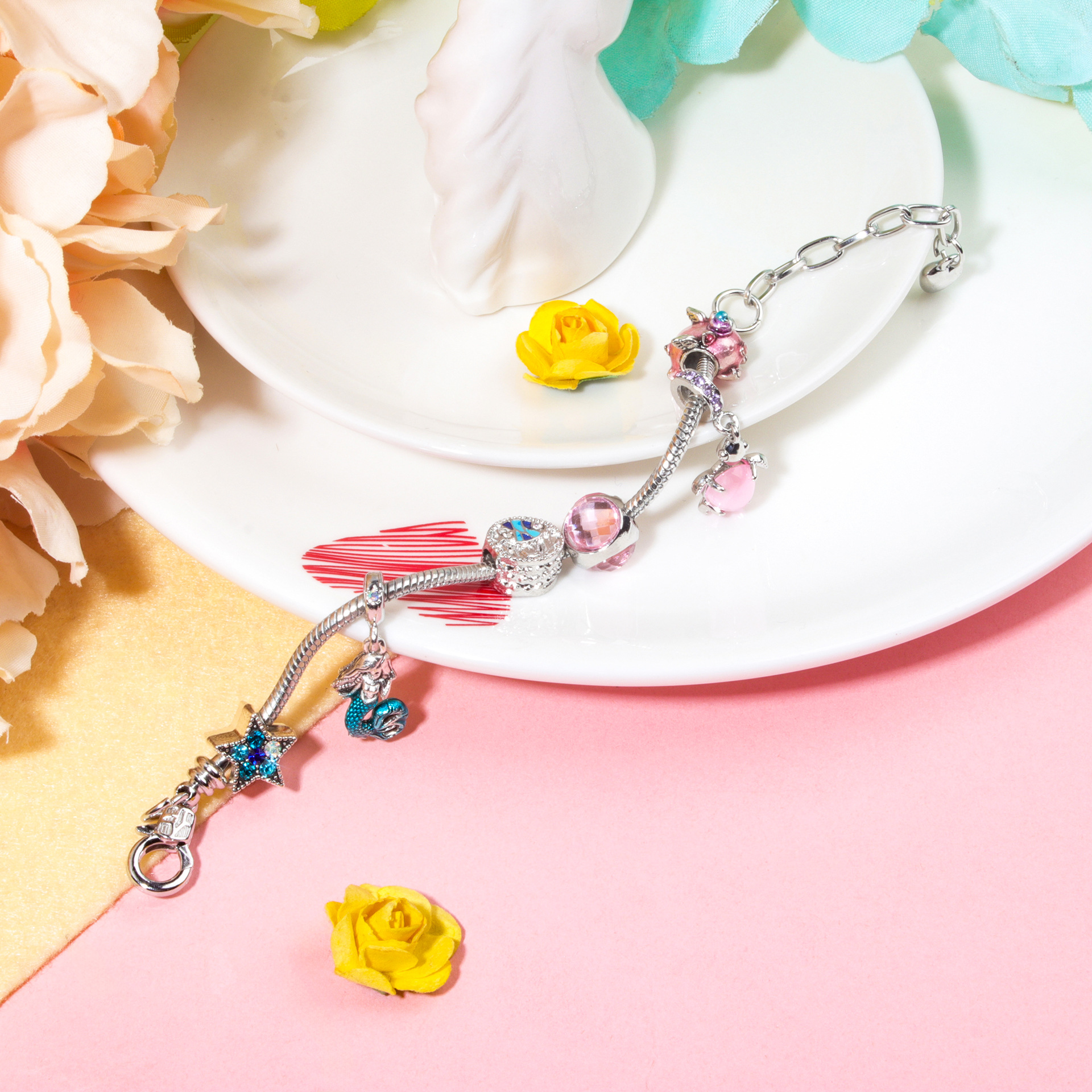 Rhinestone Star Alloy Bracelet with Mermaid & Turtle Charms Cute Pig & Glass Beads Jewelry(18cm) โ image 4
