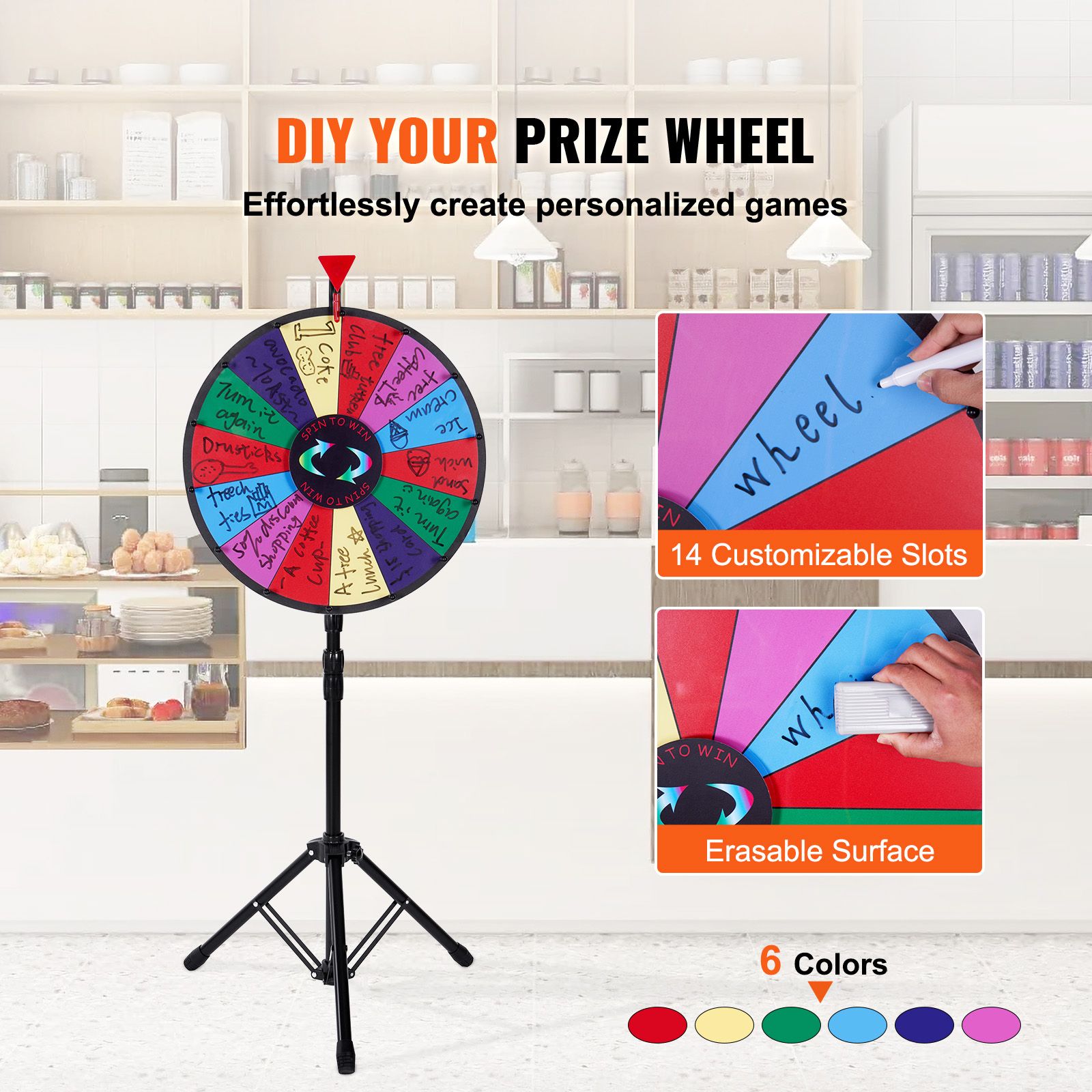 18 Inch Tabletop Color Prize Wheel with Folding Tripod Floor Stand 14 Slots Dry Erase โ image 2