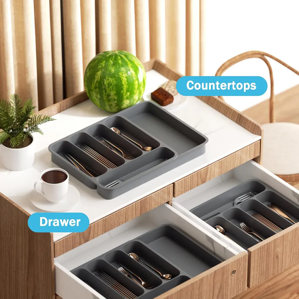 Expandable Cutlery Drawer Organizer Adjustable 6 Slot Kitchen Utensil Tray - Grey — image 5