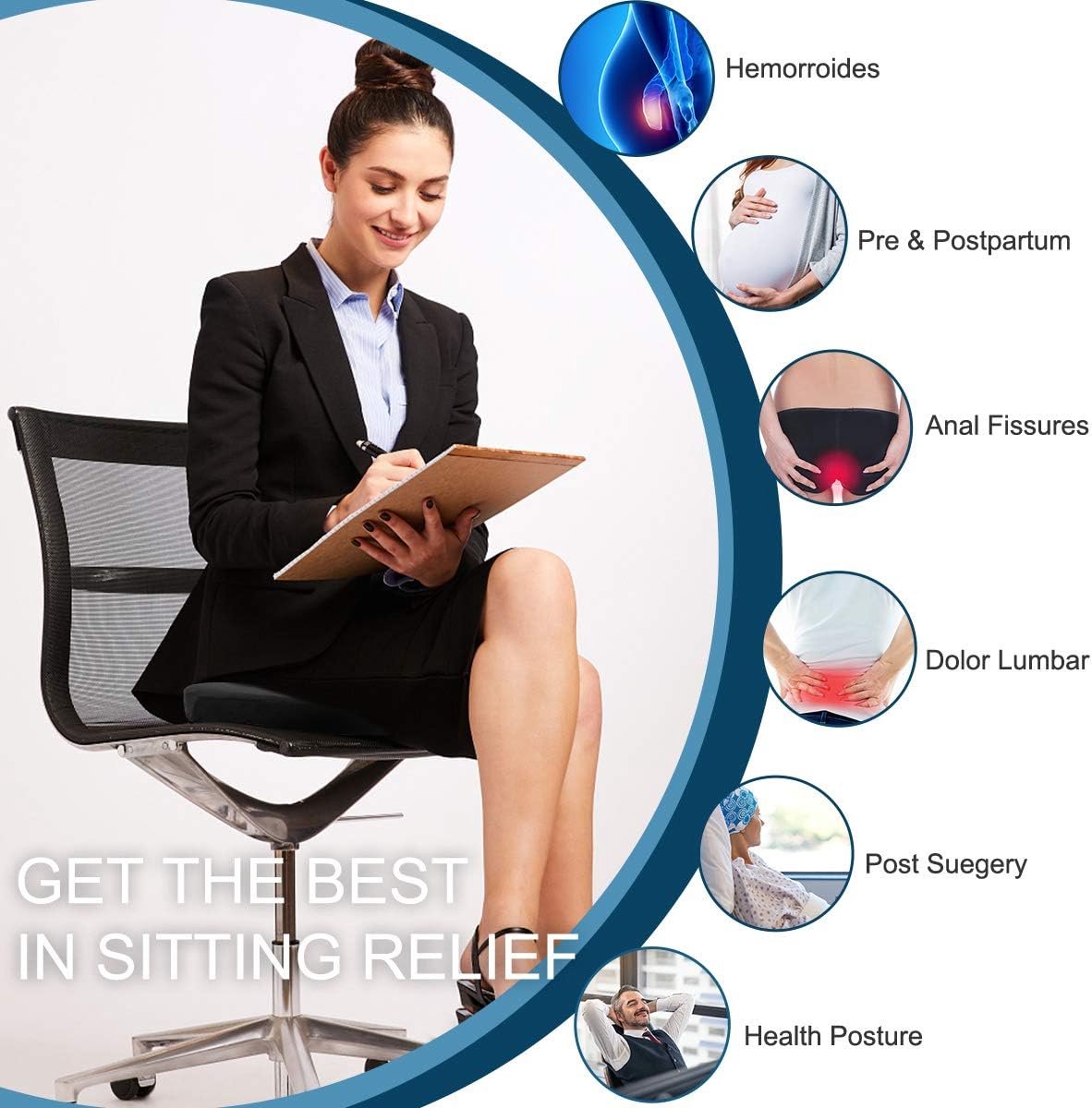 Donut Pillow-Hemorrhoid Pillow-Memory Foam Pillow for Pregnancy-Coccyx-Orthopedic & Ergonomic For Car And Office Chair-Beds, Back, Sciatica-45*34*7 CM-Black — image 5