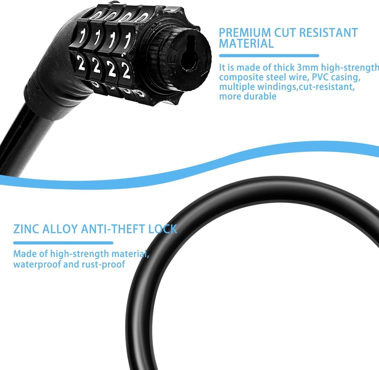 Bike Lock Portable Bike Locks Cable High Security Bicycle Lock Cycling Lock with 4-Digits Codes Ideal to Secure Bike — image 3