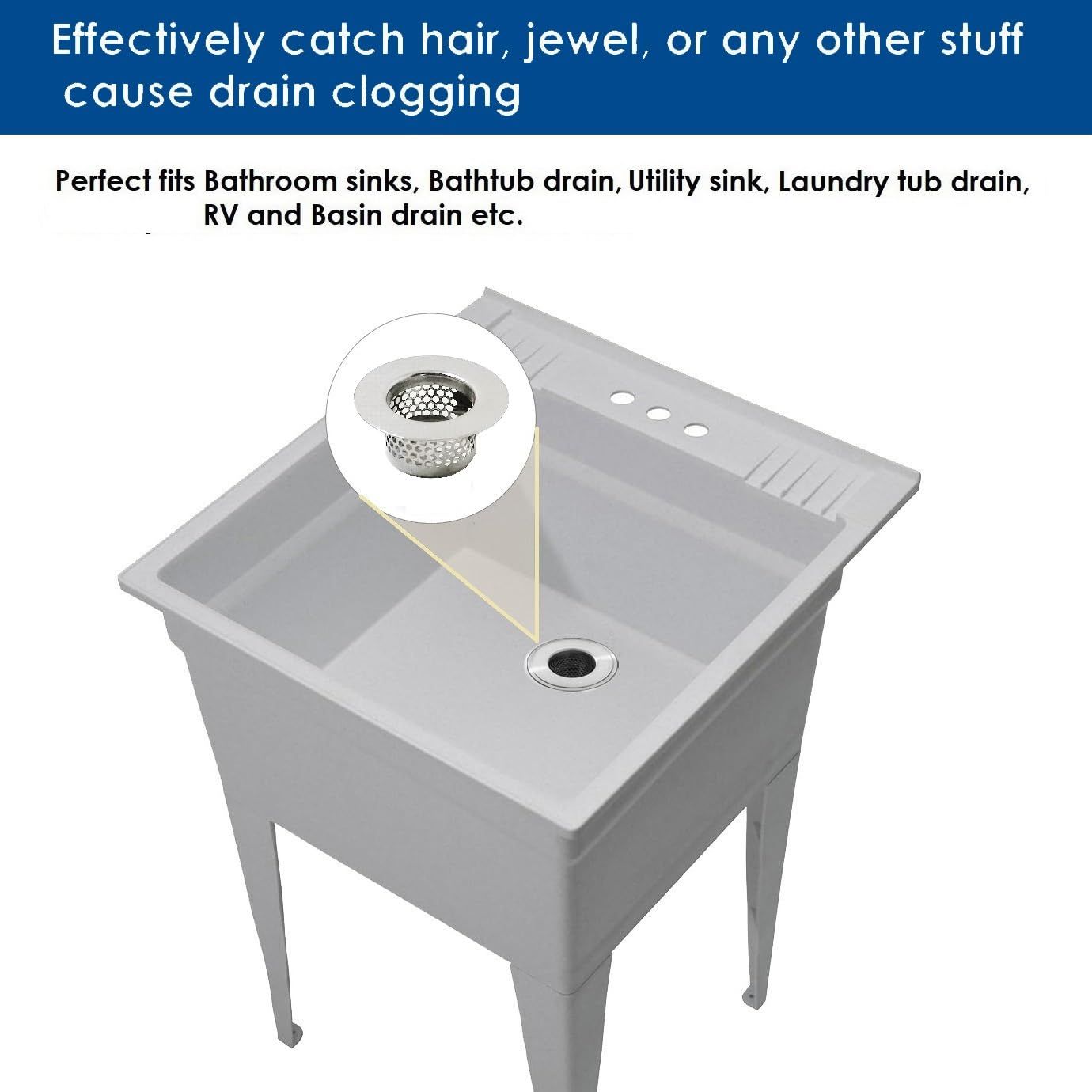 3PC Bathtub Drain Cover, Bathroom Sink Strainer, Drain Hair Catcher for Bathtub Laundry Utility Sink, Fit Hole Size — image 5
