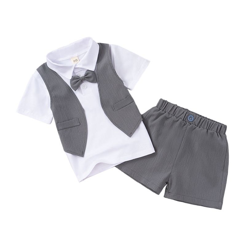 Boys Summer Cotton Suit Short Sleeve Two Piece Set Black 90cm — image 5