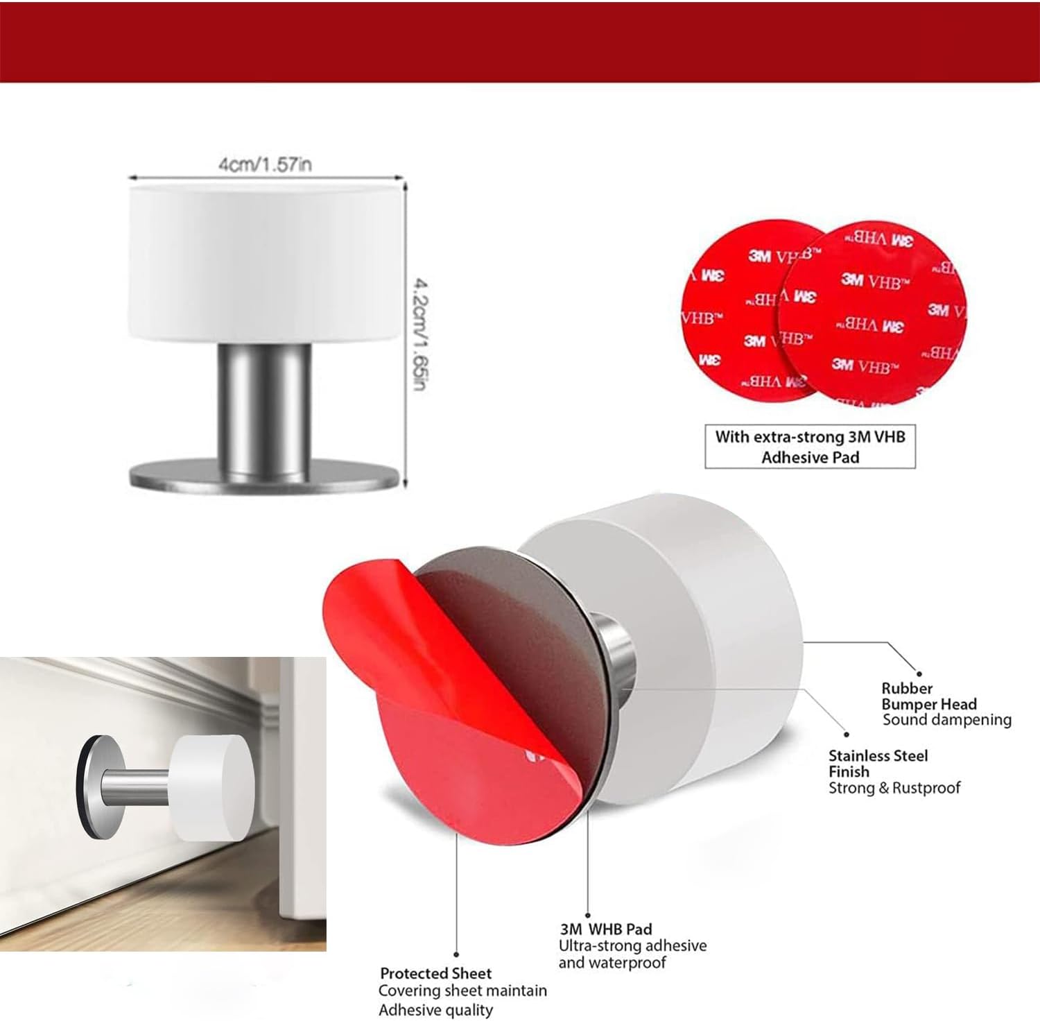 Door Stoppers with Extra Stickers, Self-Adhesive Door Stop with White Rubber & Stainless Steel Body - Sound Dampening Door Bumpers for Home & Office, Door — image 3
